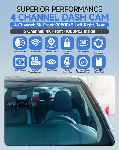 Dash Cam 360° 4 Channel Dash Camera, 4K Full HD Dashcam Front Rear Inside, Built-in Wi-Fi GPS Dash Cams, Voice Control, CPL Filter, WDR Night Vision, Included 128GB Card, 24H Parking Mode in Kuwait