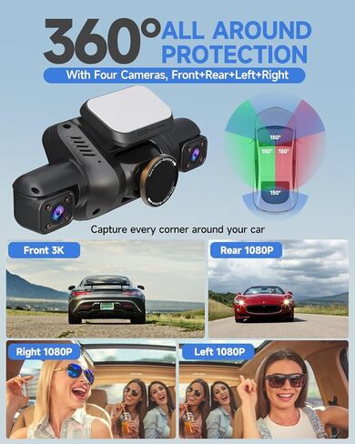 Dash Cam 360° 4 Channel Dash Camera, 4K Full HD Dashcam Front Rear Inside, Built-in Wi-Fi GPS Dash Cams, Voice Control, CPL Filter, WDR Night Vision, Included 128GB Card, 24H Parking Mode in Kuwait