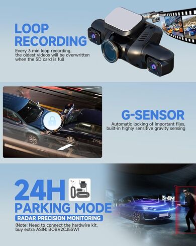 Dash Cam 360° 4 Channel Dash Camera, 4K Full HD Dashcam Front Rear Inside, Built-in Wi-Fi GPS Dash Cams, Voice Control, CPL Filter, WDR Night Vision, Included 128GB Card, 24H Parking Mode in Kuwait