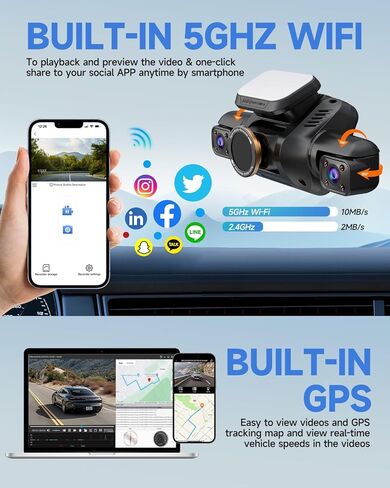 Dash Cam 360° 4 Channel Dash Camera, 4K Full HD Dashcam Front Rear Inside, Built-in Wi-Fi GPS Dash Cams, Voice Control, CPL Filter, WDR Night Vision, Included 128GB Card, 24H Parking Mode in Kuwait