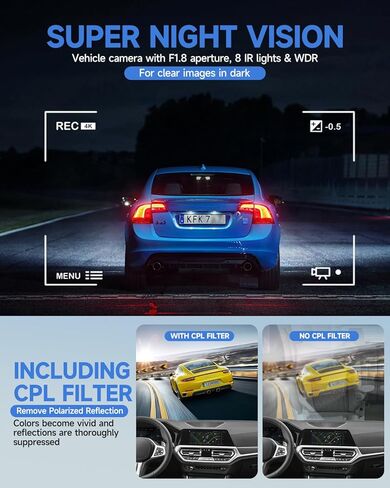 Dash Cam 360° 4 Channel Dash Camera, 4K Full HD Dashcam Front Rear Inside, Built-in Wi-Fi GPS Dash Cams, Voice Control, CPL Filter, WDR Night Vision, Included 128GB Card, 24H Parking Mode in Kuwait