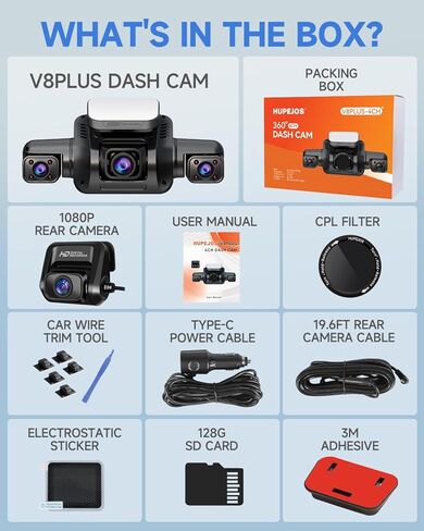 Dash Cam 360° 4 Channel Dash Camera, 4K Full HD Dashcam Front Rear Inside, Built-in Wi-Fi GPS Dash Cams, Voice Control, CPL Filter, WDR Night Vision, Included 128GB Card, 24H Parking Mode in Kuwait