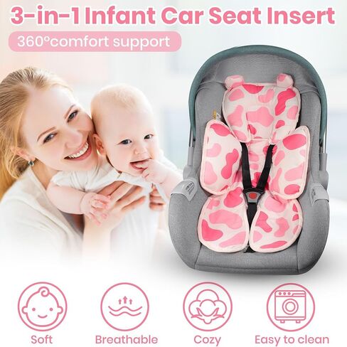 3in1 Baby Car Seat Head Body Support,Soft Breathable Infant Car Seat Insert Newborn Boy Girl,Reversible Cotton-Minnky Carseat Head Support Pillow Cushion for Infant Stroller,Swing,Bouncer(Grey) in Saudi Arabia