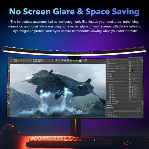شريط إضاءة منحني مقاس 23.6 بوصة مع RGB ومصدر إضاءة مزدوج ودرجة حرارة لون قابلة للتعديل (3000K-6500K) والتحكم باللمس وحماية العين ومصباح مكتب مضاد للتوهج للمكتب المنزلي والألعاب in Saudi Arabia