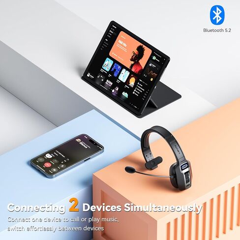 LEVN Bluetooth V5.2 Headset, Trucker Bluetooth Headset with AI Noise Cancelling Mic, 65-Hour Battery, Connect 2 Devices, Trucker Headset for Trucker, Remote Work, Online Meeting and Business Travel in Kuwait