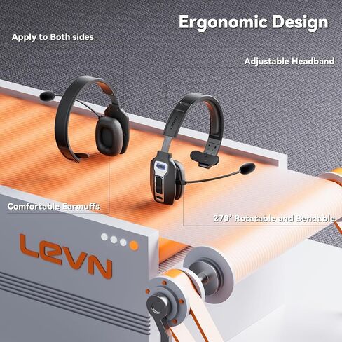 LEVN Bluetooth V5.2 Headset, Trucker Bluetooth Headset with AI Noise Cancelling Mic, 65-Hour Battery, Connect 2 Devices, Trucker Headset for Trucker, Remote Work, Online Meeting and Business Travel in Kuwait