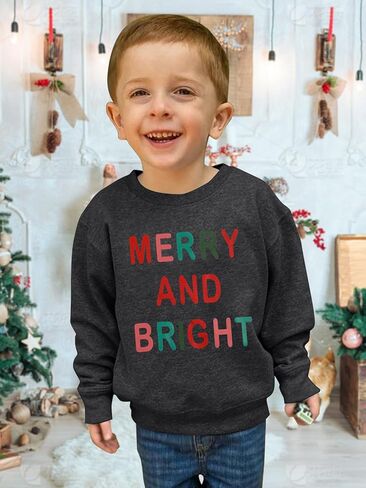 سويت شيرت للأطفال الأولاد والبنات لعيد الميلاد، سترة مطبوعة بأحرف مرحة ومشرقة للأطفال، بلوفر كاجوال بأكمام طويلة وياقة دائرية in Kuwait