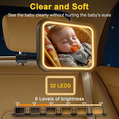مرآة سيارة للأطفال مع ضوء - مرآة مقعد السيارة للوجه الخلفي للطفل مع حامل قابل للتعديل، جهاز تحكم عن بعد، مرآة مقعد خلفي مقاومة للكسر تدور 360 درجة للطفل in Kuwait