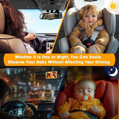 مرآة سيارة للأطفال مع ضوء - مرآة مقعد السيارة للوجه الخلفي للطفل مع حامل قابل للتعديل، جهاز تحكم عن بعد، مرآة مقعد خلفي مقاومة للكسر تدور 360 درجة للطفل in Kuwait