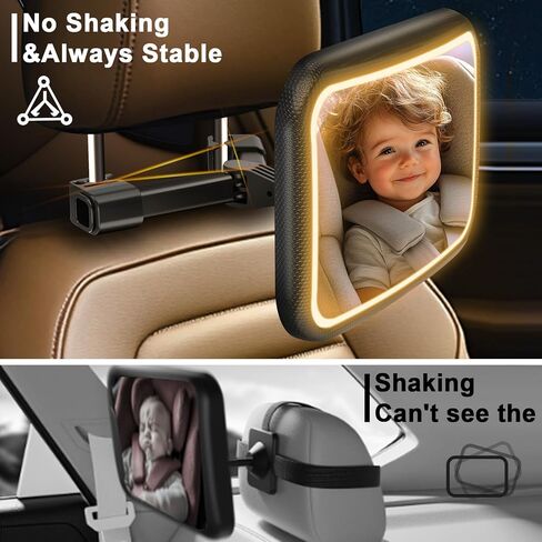 مرآة سيارة للأطفال مع ضوء - مرآة مقعد السيارة للوجه الخلفي للطفل مع حامل قابل للتعديل، جهاز تحكم عن بعد، مرآة مقعد خلفي مقاومة للكسر تدور 360 درجة للطفل in Kuwait