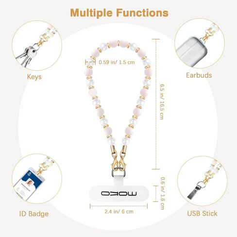MoKo Pearl Beaded Phone Wrist Strap, Universal Phone Charm Phone Lanyard with Tether Tab, Detachable Hands-Free Cell Phone Wristlet Strap for iPhone, Most Smartphones, White in Saudi Arabia