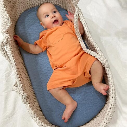 Soft Muslin Bassinet Sheets 32" x 18", Baby Bassinet Mattress Fitted Cover, Fit for Halo, Fisher Price, Delta, Graco, Oval Bassinet or Cradle, for Girl or Boy（Fog & Sage Green & Brown） in Saudi Arabia