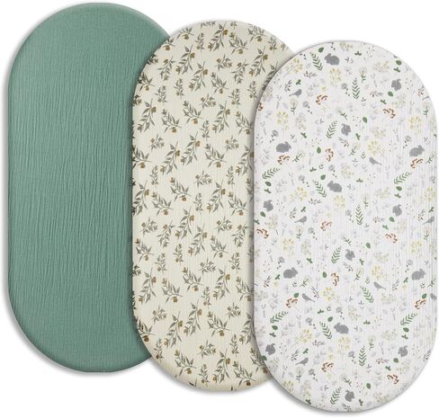 Soft Muslin Bassinet Sheets 32" x 18", Baby Bassinet Mattress Fitted Cover, Fit for Halo, Fisher Price, Delta, Graco, Oval Bassinet or Cradle, for Girl or Boy（Fog & Sage Green & Brown） in Saudi Arabia