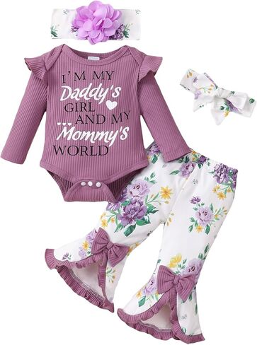 SUNNY PIGGY Newborn Baby Girl Clothes Infant Outfits Romper Floral Fall Outfit Bell Bottoms Pant Sets Hat Headband Flowerpant in Kuwait