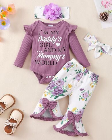 SUNNY PIGGY Newborn Baby Girl Clothes Infant Outfits Romper Floral Fall Outfit Bell Bottoms Pant Sets Hat Headband Flowerpant in Kuwait