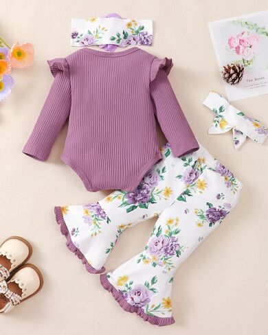 SUNNY PIGGY Newborn Baby Girl Clothes Infant Outfits Romper Floral Fall Outfit Bell Bottoms Pant Sets Hat Headband Flowerpant in Kuwait