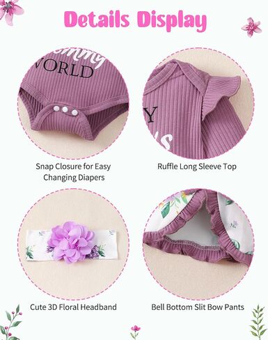 SUNNY PIGGY Newborn Baby Girl Clothes Infant Outfits Romper Floral Fall Outfit Bell Bottoms Pant Sets Hat Headband Flowerpant in Kuwait