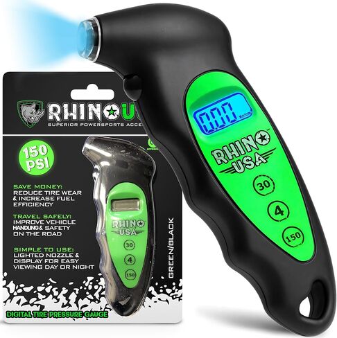 مقياس ضغط الإطارات الرقمي Rhino USA 150 رطل لكل بوصة مربعة، 4 نطاقات، تصميم مريح مع فوهة مضاءة وشاشة LCD بإضاءة خلفية - قراءات دقيقة معتمدة، أفضل مقياس رقمي (أسود) in Kuwait