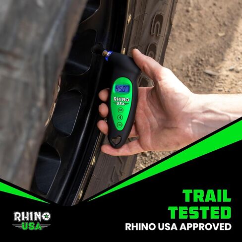 مقياس ضغط الإطارات الرقمي Rhino USA 150 رطل لكل بوصة مربعة، 4 نطاقات، تصميم مريح مع فوهة مضاءة وشاشة LCD بإضاءة خلفية - قراءات دقيقة معتمدة، أفضل مقياس رقمي (أسود) in Kuwait