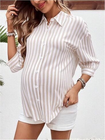 بلوزات الحمل النسائية من MakeMeChic، قمصان مخططة بأزرار سفلية 3/4 كم، قمصان الحمل، بلوزة للرضاعة in Saudi Arabia