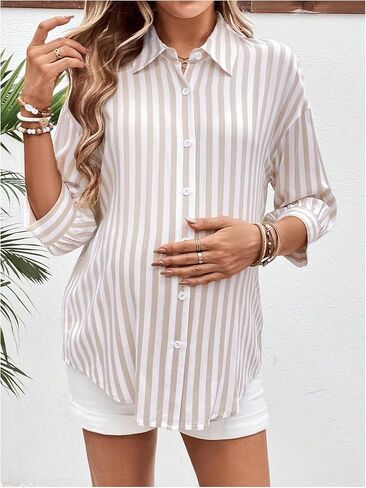 بلوزات الحمل النسائية من MakeMeChic، قمصان مخططة بأزرار سفلية 3/4 كم، قمصان الحمل، بلوزة للرضاعة in Saudi Arabia