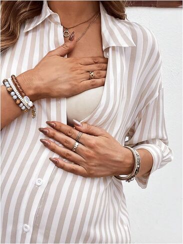 بلوزات الحمل النسائية من MakeMeChic، قمصان مخططة بأزرار سفلية 3/4 كم، قمصان الحمل، بلوزة للرضاعة in Saudi Arabia