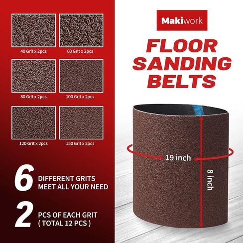 8 inch x 19 inch 60 Grit Sanding Belts, 12 Pack, EZ 8 Drum Sander Sandpaper Rolls for Woodworking and Floor Polishing, Aluminum Oxide Sander Sleeves in Saudi Arabia