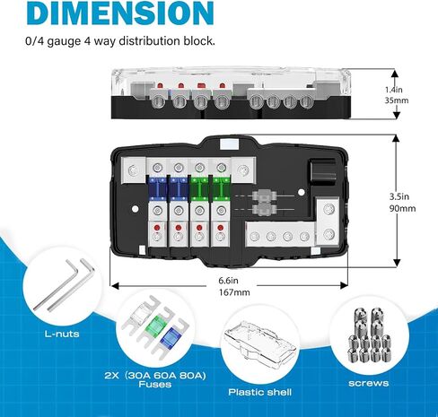 Perpending 12v Power Distribution Block Car Audio 4 Way MIDI(Mini-ANL) 12v Fuse Block, Each Positive and Negative Block with 2X 0/2/4 Gauge Inputs & 4X 4/6/8 Gauge Outputs for Auto UTV Boat Stereo Amp in Saudi Arabia
