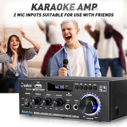 AK45 Pro Home Audio Amplifier Receivers with Bluetooth 5.0-2 Channel 30W Power Home Theater Stereo with USB, SD, FM, 2 Mic in,Stereo Audio Amplifier Receivers for Studio,Home,Karaoke in Kuwait