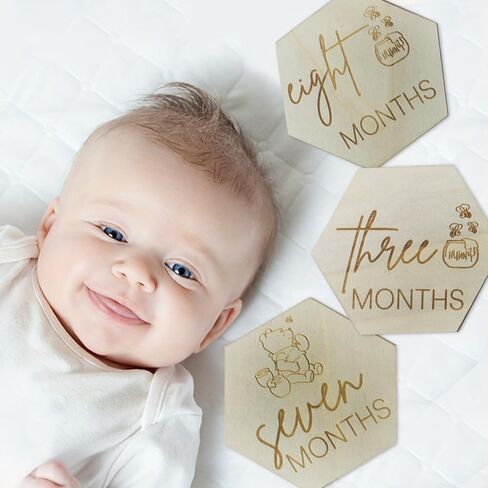 Winnie Baby Announcement Sign Newborn Sign Wooden Hexagon Announcement Sign For Photo Prop Baby Shower Nursery Gift（12PCS） in Kuwait