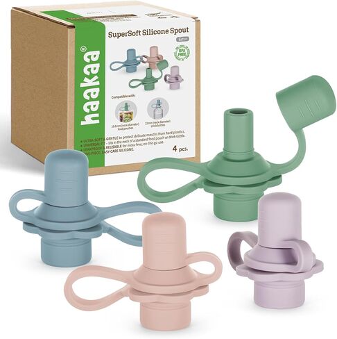 haakaa Multi-Functional Silicone Spout,No Spill Silicone Bottle Topper Spout,Baby Pouch Topper,100% Food Grade Silicone,BPA Free,4 Pack in Saudi Arabia
