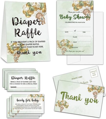 Baby Shower Cards Kit - Safari Jungle Set of 25 Baby Shower Invitations with Envelopes, Diaper Raffle Sign & Tickets, Thank You Postcards, Book Request Cards for Baby Shower - Dinosaur Themed Baby Shower Party Favor Decoration(07) in Saudi Arabia