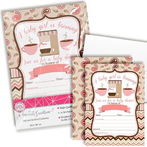 Coffee Themed Baby Girl Baby Sprinkle Baby Shower Invitations, 20 5"x7" Fill in Cards Twenty White Envelopes AmandaCreation