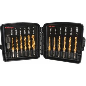 Drill & Tap Set with Quick-Change Adapter of 13Pcs, 6 SAE Sizes: 6-32NC to 1/4-20NC, 6 Metric Sizes: M3 to M10, Titanium Combination Drill & Tap Bit Set for Drilling Threads, Tapping