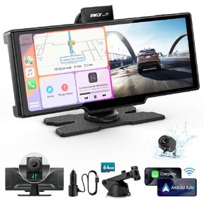 Portable Apple Carplay Screen for Car, 10’’ Car Stereo Wireless Car Play & Android Auto Touch Screen, 4K Dash Cam, 1080P Backup Camera, Mirror Link/Voice Control/Music Play/GPS Navigation