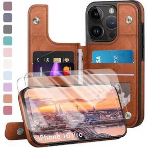 Compatible with iPhone 16 Pro Case Wallet, Card Holder Case with [2 Screen Protectors] Folio Cover with [RFID Blocking Leather] Shockproof Women Men Cases 6.3" for Apple 16 Pro Light Brown