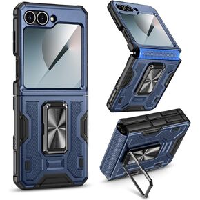 VEGO for Galaxy Z Flip 6 Case, with Screen Protector & Hinge Protection & Magnetic Ring Kickstand Full Body Protective Phone Case for Samsung Z Flip 6 2024 - Blue