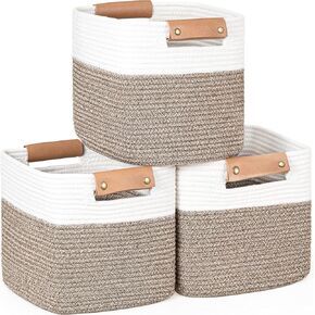 danpinera 11 Inch Storage Baskets, Woven Baskets for Organizing, 3 Pack, storage Baskets for Shelves, Closet, Nursery with Removable Leather Handles, White & Mixed Brown