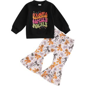 Dcohmch Toddler Girl Halloween Outfits Long Sleeve Letter Print Sweatshirt Pumpkin Bell Bottom Pants 2Pcs Fall Clothes