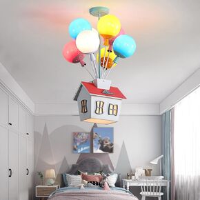 Kids House Shape Ceiling Light Colorful Balloon Wood Chandelier Cartoon House Shape with Acrylic lampshade Sputnik Ceiling Light for Girls Boys Kid's Bedroom (D18.1*H22.8IN (8 Light))