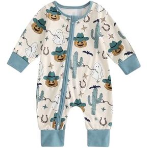FIOMVA Baby Boy Girl Halloween Outfit Newborn Boo Pumpkin Romper Infant Long Sleeve Jumpsuit Western Fall Winter Clothes