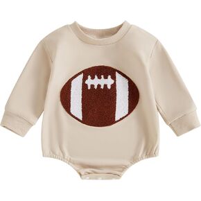 FIOMVA Baby Football Outfits Girl Boy Embroidered Football Sweatshirt Romper Long Sleeve Bubble Romper Fall Sweater Onesie