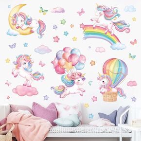 decalmile Sleeping Unicorn Rainbow Wall Decals Hot Air Balloon Moon Clouds Wall Stickers Baby Nursery Girls Bedroom Kids Room Wall Decor