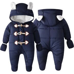 Baby Boys Girls Snowsuit Winter Hooded Fleece Jumpsuit Newborn Warm Footed Coat Outerwear with Gloves 0-9M