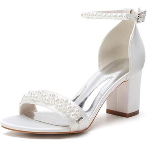 Women's Pearl Block Heels Wedding Shoes for Bride Low Heels Satin Bridal Shoes Open Toe Ankle Strap Heels Sandals