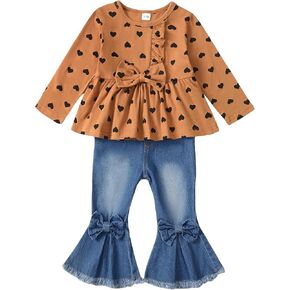 Saeaby Toddler Baby Girl Clothes Cute Girl Outfit Fall Winter Ruffle Heart Print Shirt Top Flare Jeans Outfit Set