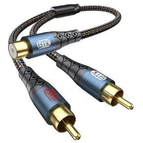 EMK RCA Splitter 2 Male to Female Extension Cable RCA Y Splitter Adapter Connector Dual Shielding Gold Plated Nylon Braided RCA Splitter 1 Female to 2 Male Cord Adapter 1ft/30CM