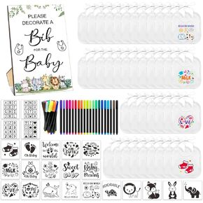 SytuHe 95 Pcs DIY Baby Bibs Decorating Kit50 White Bibs 24 Stencils 20 Fabric Markers 1 Baby Shower Game Sign