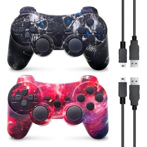 ZEIYOJON PS3 Controller Wireless, Gaming Remote Joystick for Playstation 3 with Charger Cable Cord (Red Star, Black Ghost)
