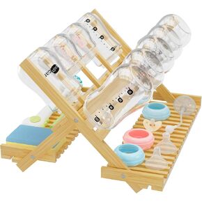 Baby Bottle Drying Rack Foldable Vertical Bamboo Milk Bottle and Accessories Organizer - Ideal for Travel, Perfect for Busy Parents, Maximizes Space, Quick Drying, Easy Cleanup & Storage